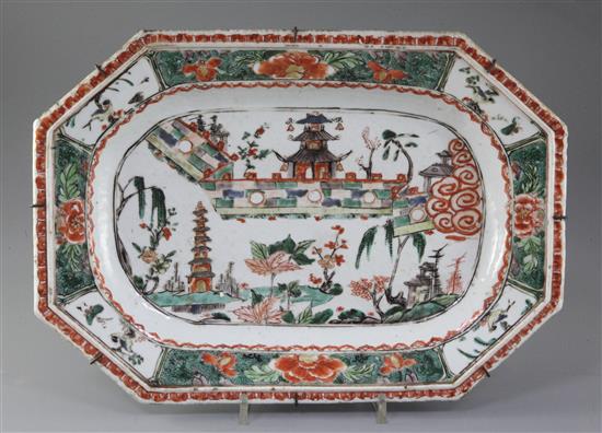 A pair of Chinese export famille verte canted rectangular meat dishes, Kangxi period, 36cm long
